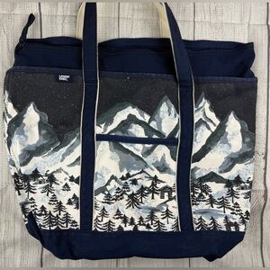 VGC! VTG LANDS END Canvas Tote Bag Winter Mountain Scene Navy Blue Zip Top